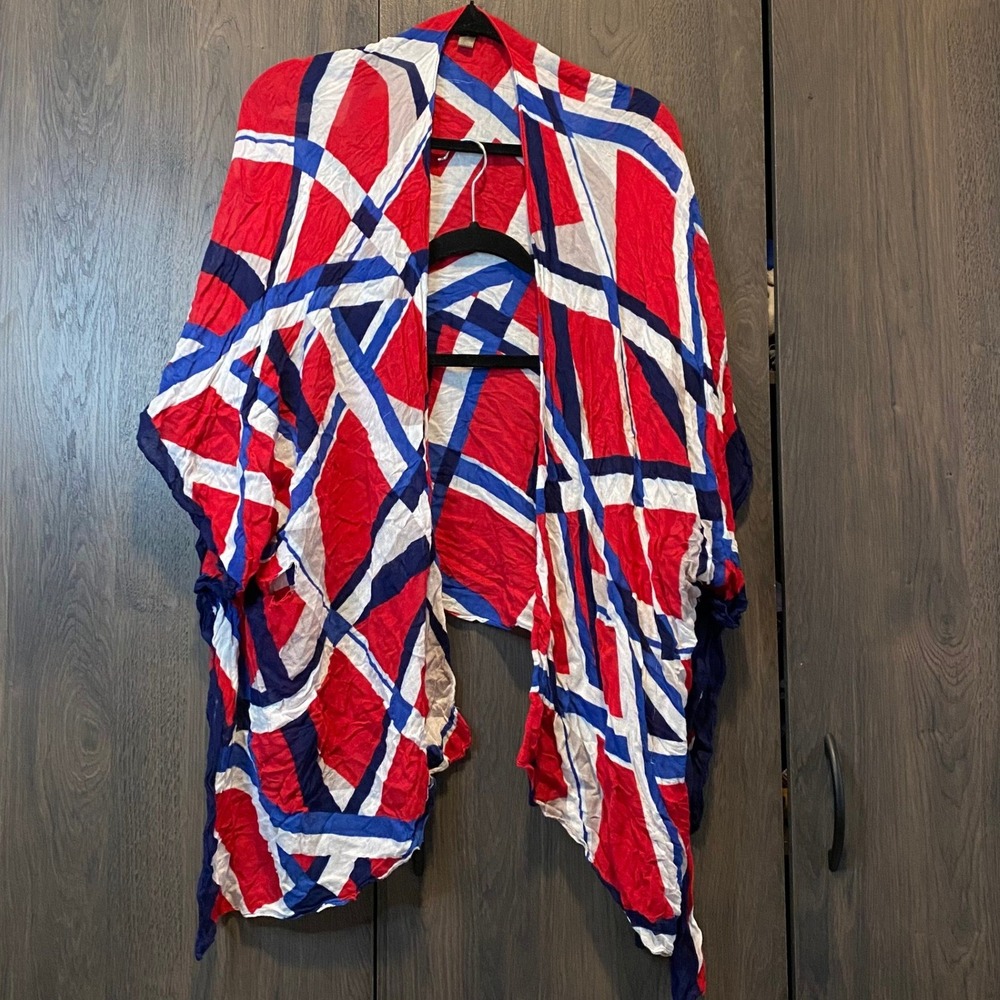 Lane Bryant Womens OS Red White Blue Geometric‎ Abstract Kimono Wrap Cover Up